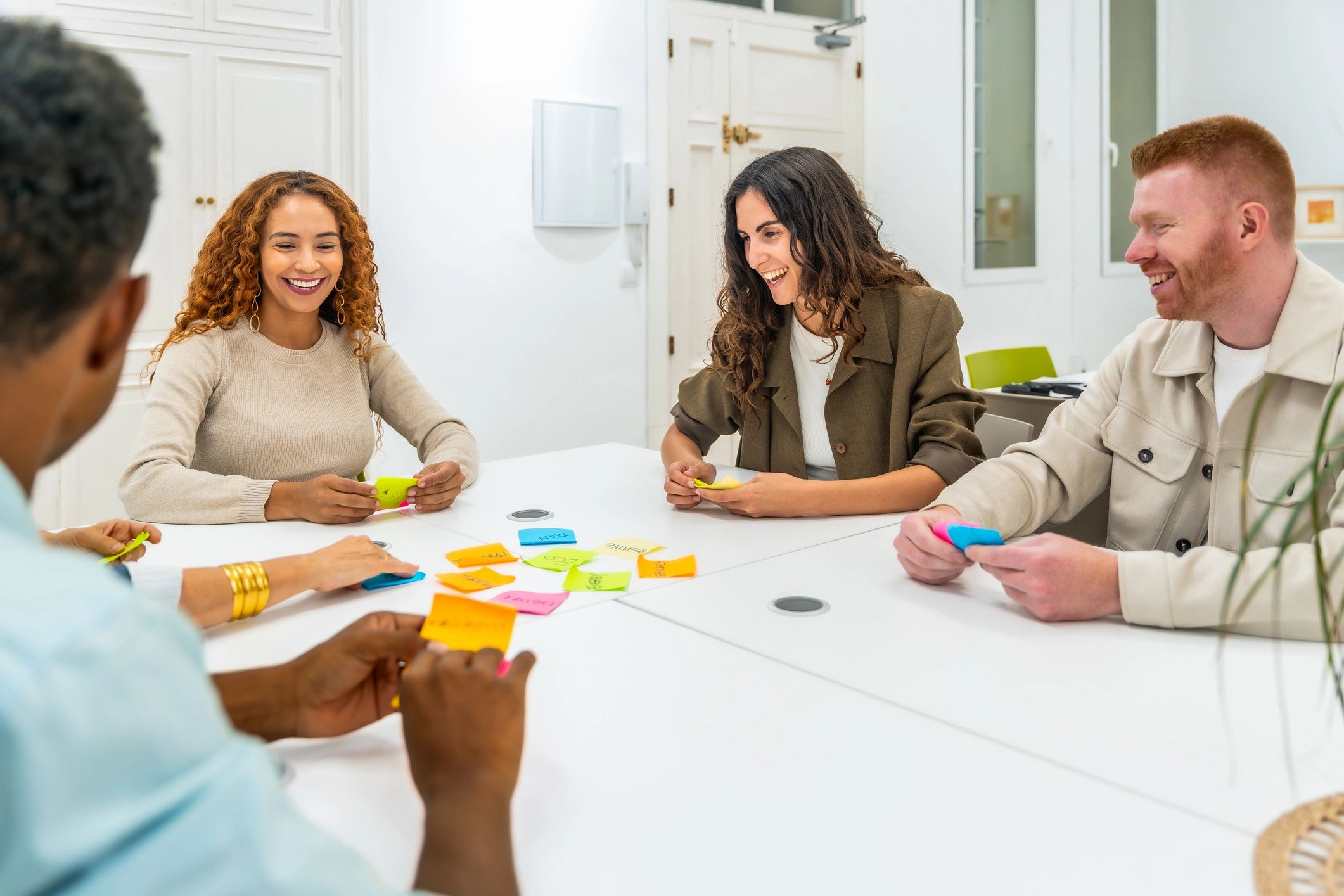 Collaborative team brainstorming in a modern office
